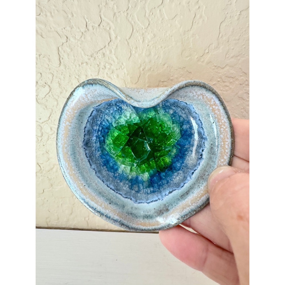 Handmade Studio Pottery Heart Dish Green Crystal Glaze Geode Ring Dish Trinket 3